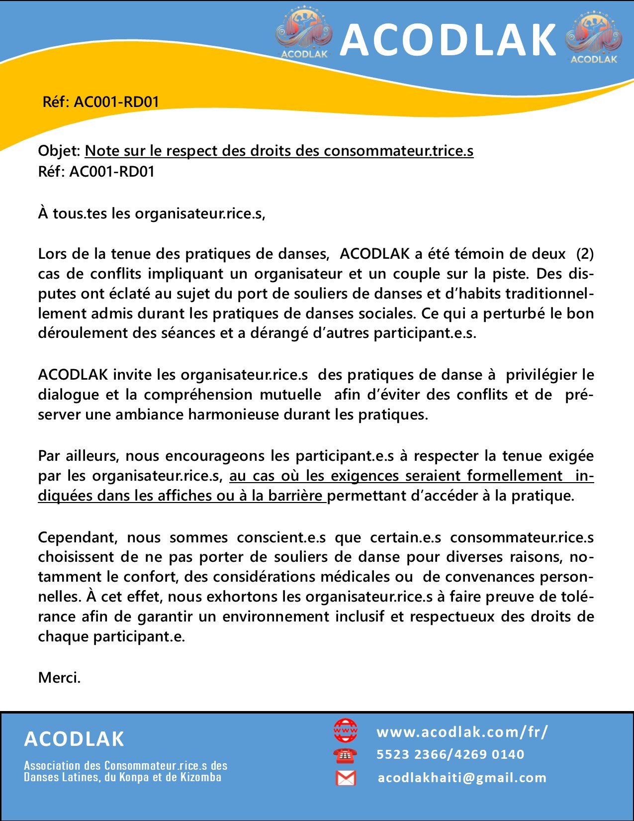 Note au organisateur Note au organisateur